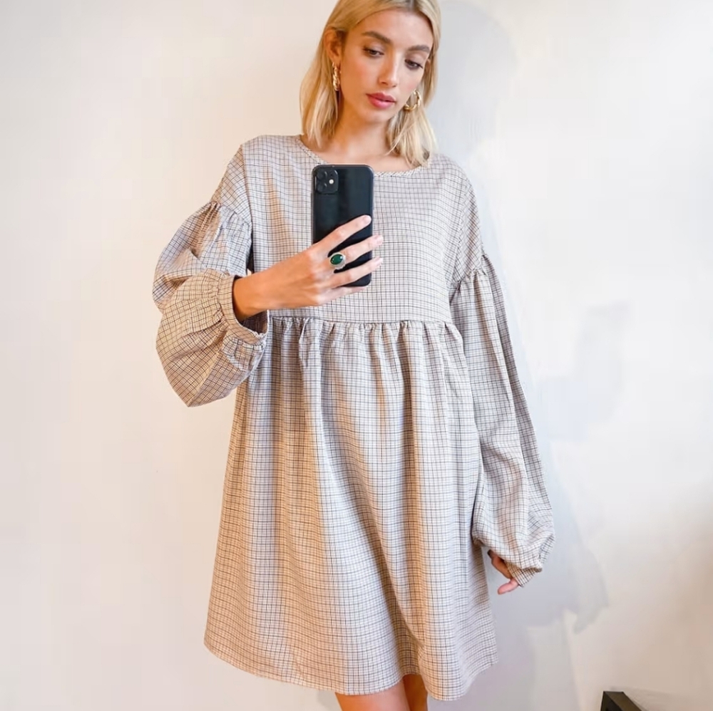 Urban Threads balloon sleeve plaid smocked mini dress size 6 NWT